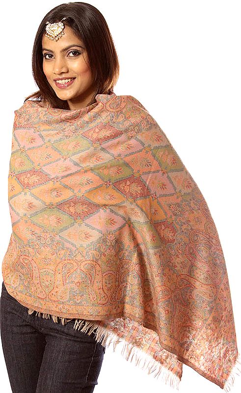 Beige Kani Stole with Multi-Color Thread Weave