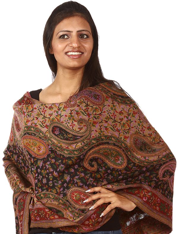 Beige Kani Stole with Woven Paisleys in Multi-Color Thread