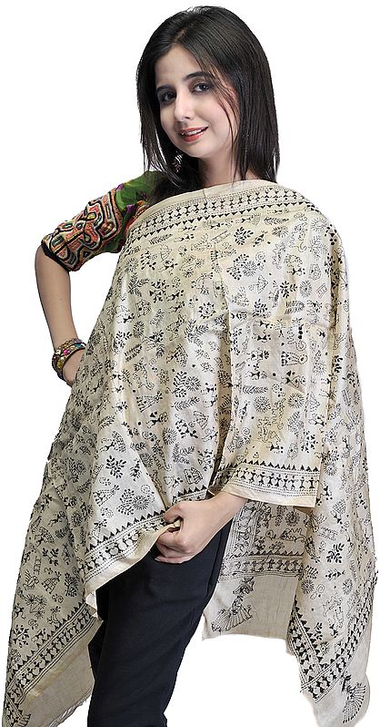 Beige Kantha Scarf with Hand Embroidered Folk Figures Inspired By Warli Art