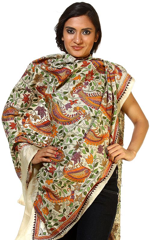 Beige Kantha Shawl with Hand Embroidered Fishes All-Over