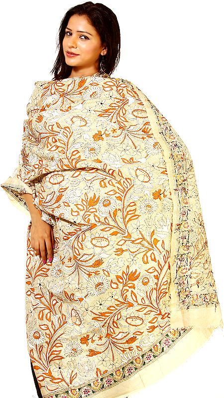 Beige Kantha Shawl with Hand Embroidered Flowers and Leaves All-Over