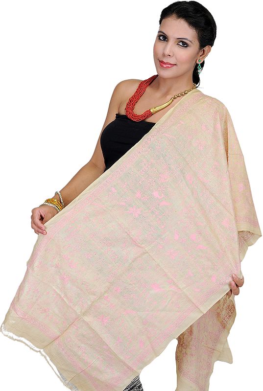 Beige Kantha Stole with Hand-Embroidered Folk Warli Motifs in Pink Thread