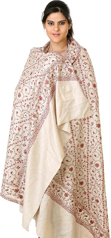 Beige Kashmiri Tusha Shawl with All-Over Needle Embroidery by Hand
