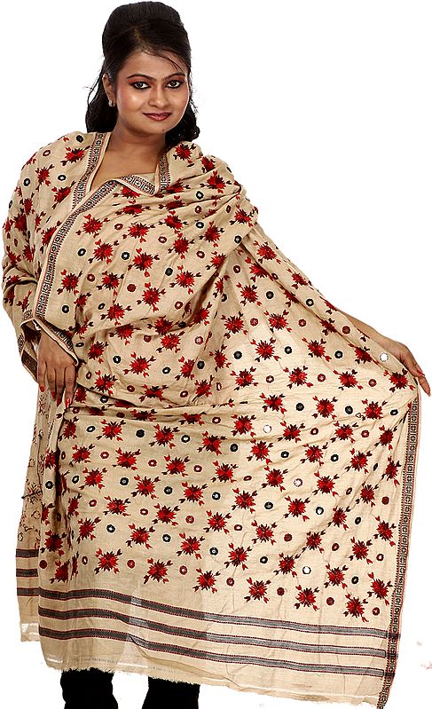 Beige Phulkari Shawl from Punjab with Mirrors and Hand Embroidered Flowers All-Over