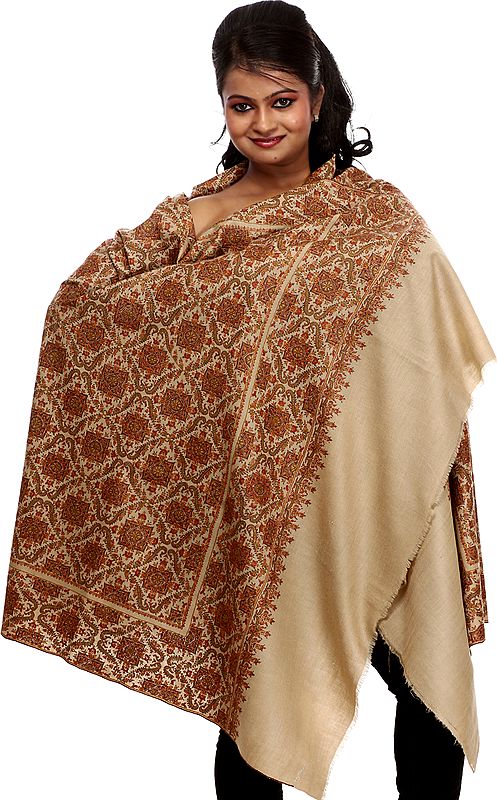 Beige Pure Pashmina Shawl with Densely Embroidered Patterns by Hand All-Over