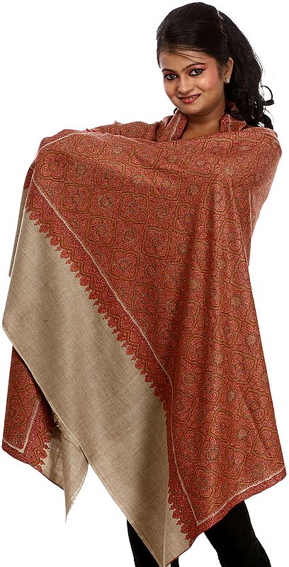 Beige Pure-Pashmina Shawl with Dense and Intricate Embroidery by Hand