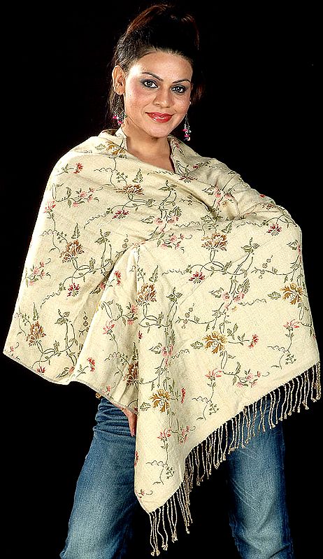 Beige Reversible Stole with Floral Weave