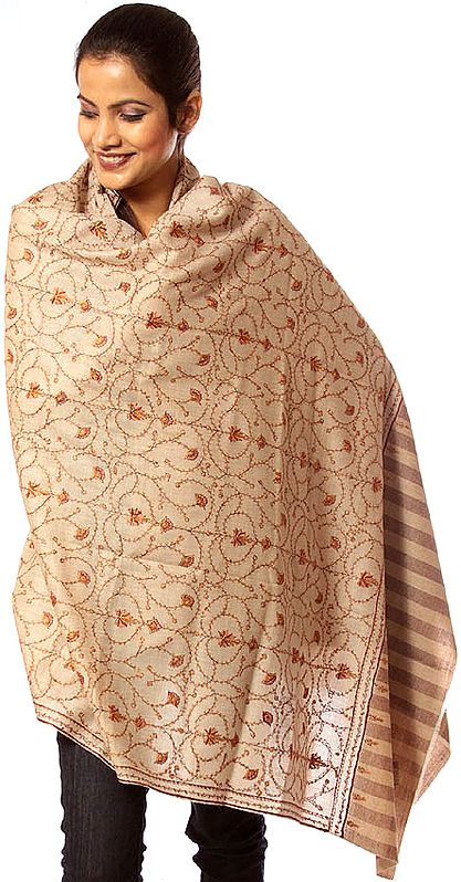 Beige Shawl with Sozni Embroidery by Hand All-Over