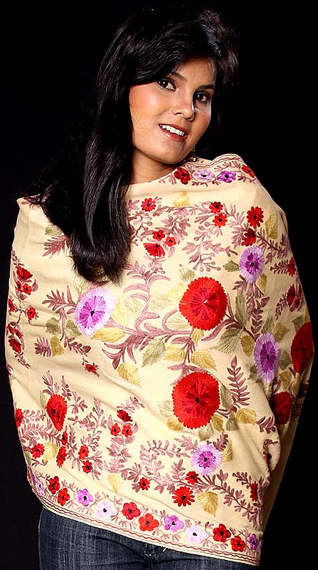 Beige Stole from Kashmir with Floral Aari Embroidery