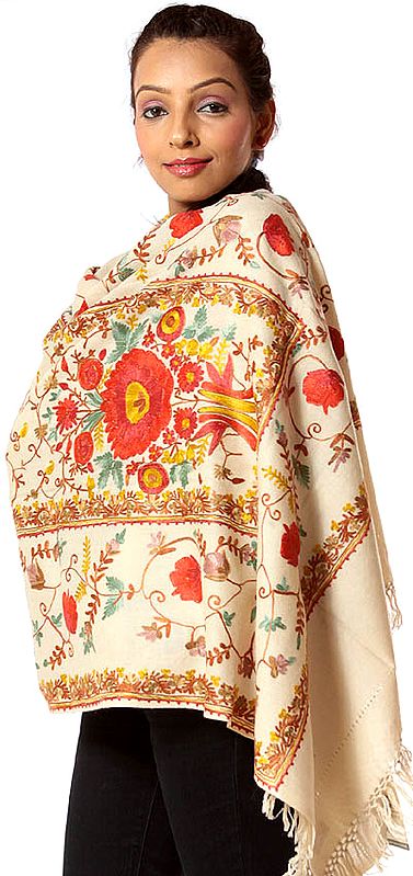 Beige Stole with Crewel Embroidered Tree of Life