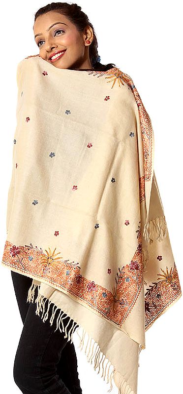 Beige Stole with Crewel Embroidery and Crystals