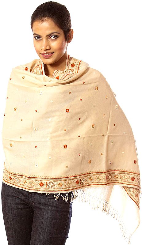 Beige Stole with Kinnauri Embroidered Bootis and Border