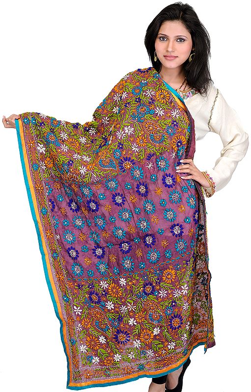 Berry-Conserve Phulkari Dupatta from Punjab with Aari Embroidered Flowers All Over