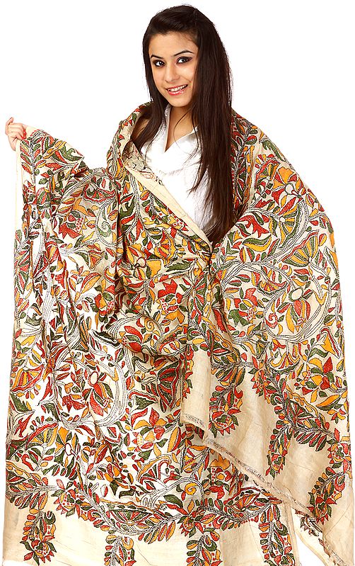 Biscotti-Color Kantha Shawl with Hand Embroidered Flowers All-Over