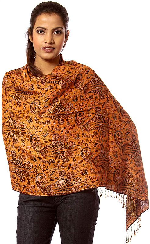 Black and Amber Reversible Jamawar Stole with Woven Paisleys