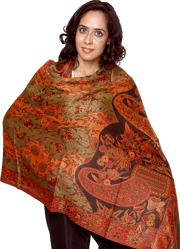 Black and Amber Reversible Jamawar Stole with Woven Flowers