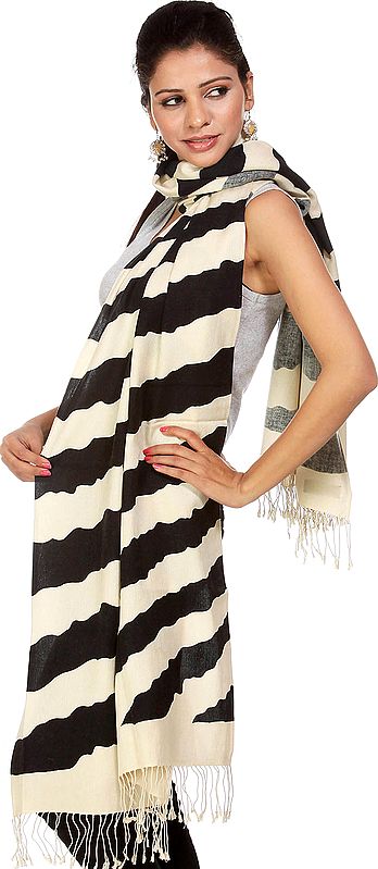 Black and Beige Printed Silk-Pashmina Stole from Nepal