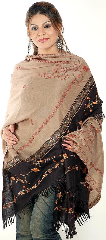 Black and Beige Shawl with Needle-Stitch Embroidery