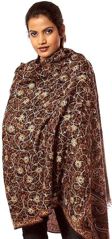 Black and Brown Jamawar Shawl with All-Over Crewel Embroidery