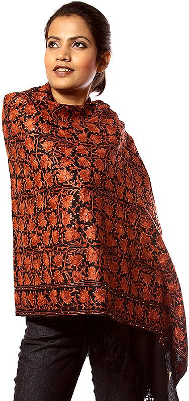 Black and Copper Aari Embroidered Stole with Sequins and Beads
