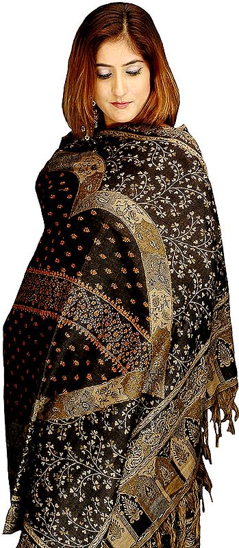Black and Gray Jamawar Shawl with Needle Embroidery