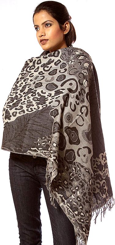 Black and Gray Jamawar Stole with Leopard Weave