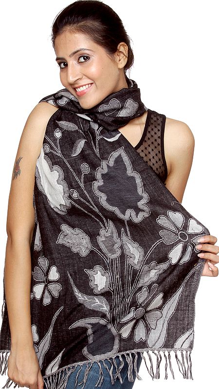 Black and Gray Reversible Jamawar Stole with Woven Flowers