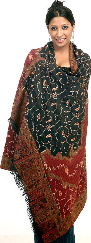 Black and Maroon Jamawar Shawl with All-Over Sozni Embroidery
