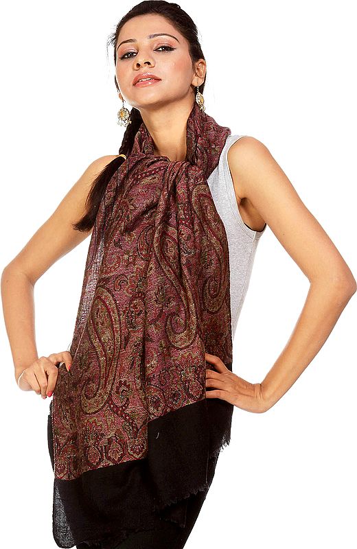 Black and Purple Pure Pashmina Stole with Paisleys