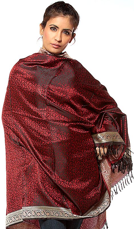 Black and Red Banarasi Hand-Woven Shawl with All-Over Tanchoi Weave