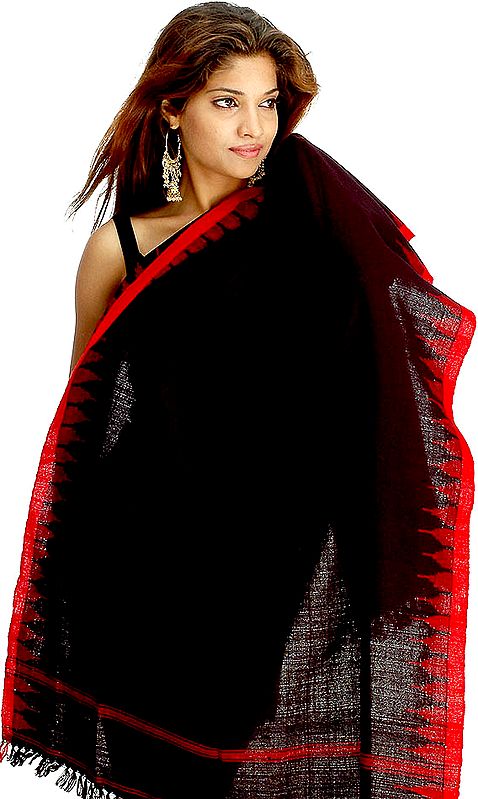 Black and Red Hand-Knit Stole from Nagaland