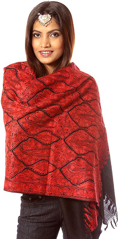 Black and Red Jamdani Stole from Kashmir with Embroidered Paisleys