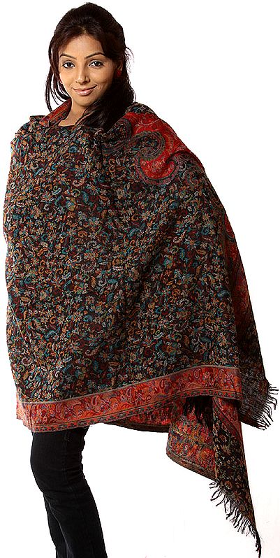 Black and Red Kani Shawl with Multi-Color Woven Paisleys