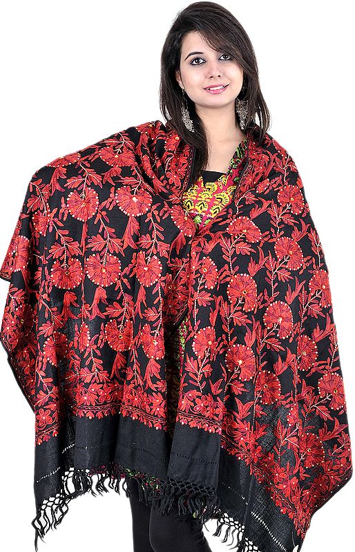 Black and Red Stole from Amritsar with Aari Embroidered Flowers and Sequins