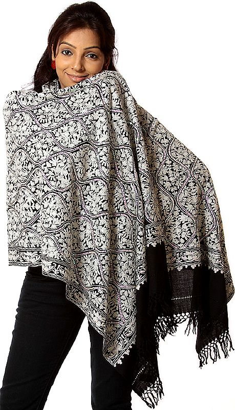 Black and White Aari Embroidered Stole with Sequins