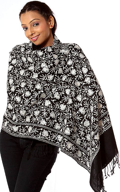 Black and White Stole with Aari Embroidery and Sequins All-Over