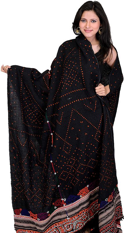 Black Antiquated Shawl from Kutch with Rabari Embroidery and  Mirrors