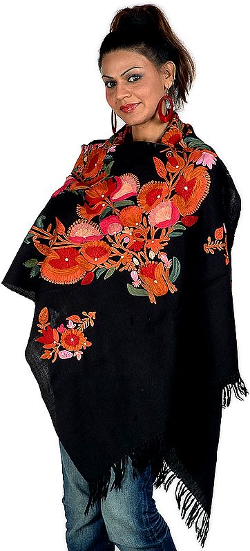 Black Aari Stole from Kashmir with Embroidered Flowers
