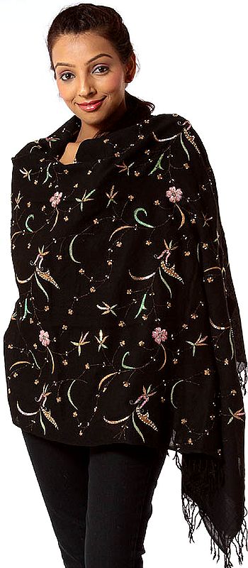 Black Aari Stole with Aari Embroidery and Sequins All-Over