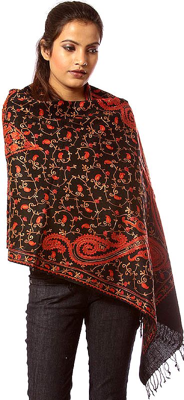 Black Aari Stole with Embroidered Paisleys in Red