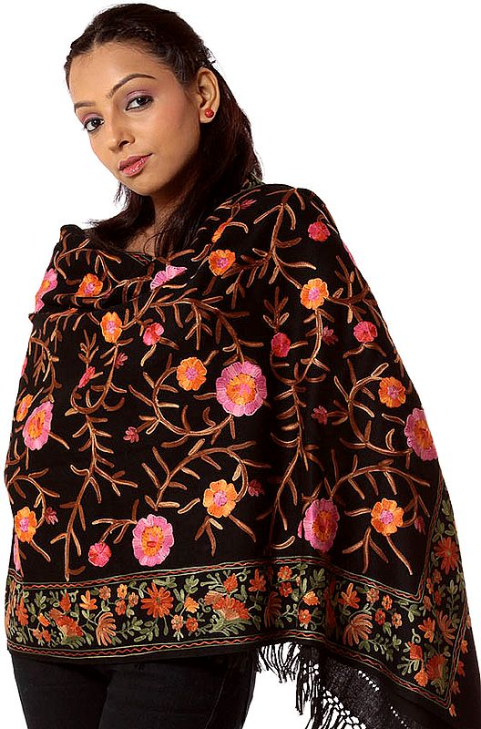 Black Aari Stole with Floral Embroidery All-Over