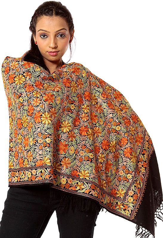 Black Aari Stole with Floral Embroidery All-Over