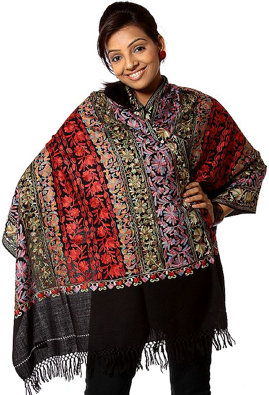Black Aari Stole with Multi-Color Embroidery