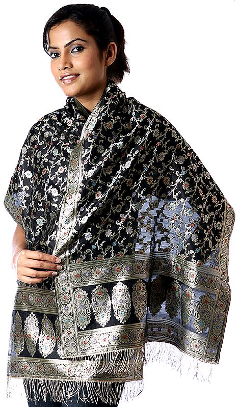 Black Banarasi Scarf Hand-Woven with All-Over Golden Thread Weave