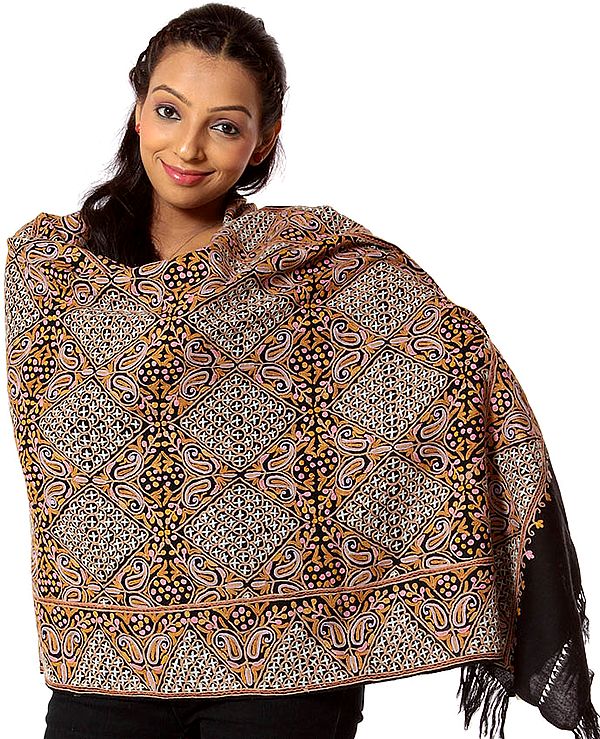 Black Densely Hand-Embroidered Aari Stole from Kashmir
