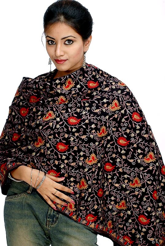 Black Floral Stole with Aari-Embroidery by Hand