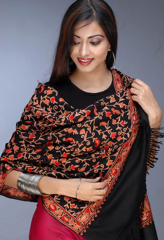 Black Floral Stole with Aari-Embroidery
