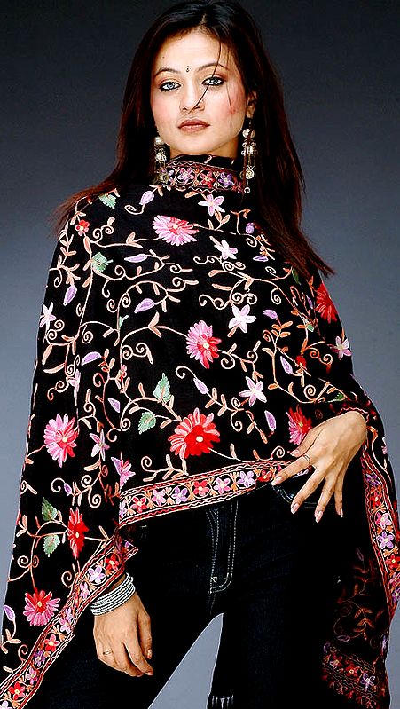 Black Floral Stole with Aari-Embroidery