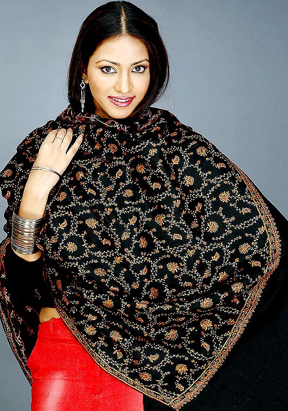 Black Jaal Shawl from Kashmir Embroidered by Hand