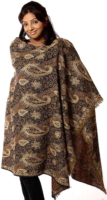 Black Jamawar Shawl with All-Over Embroidered Paisleys